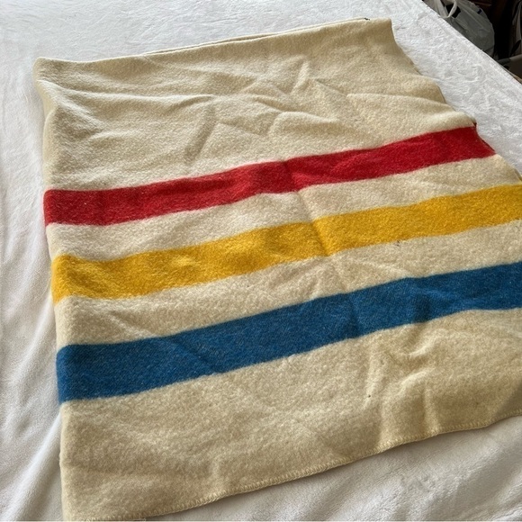 VINTAGE JcPenney 50s Golden Dawn WOOL Blanket Thick 3 Stripe Point Candy Stripe - Picture 4 of 7